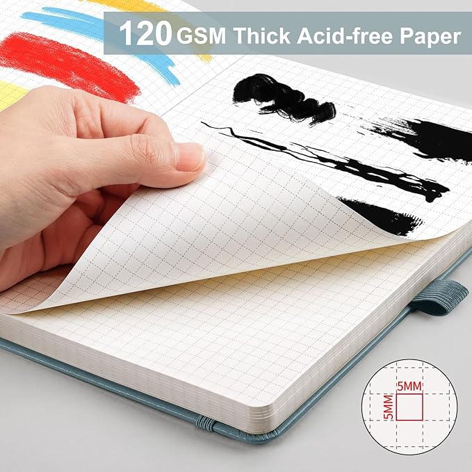 AHGXG Graph Paper Notebook - Grid Notebook Journal A5, 120 GSM Thick Graph Paper, 160 Pages, Leather Hardcover, for Graphing, Writing, Math, Engineering, 5.75'' × 8.38''- Gray Blue