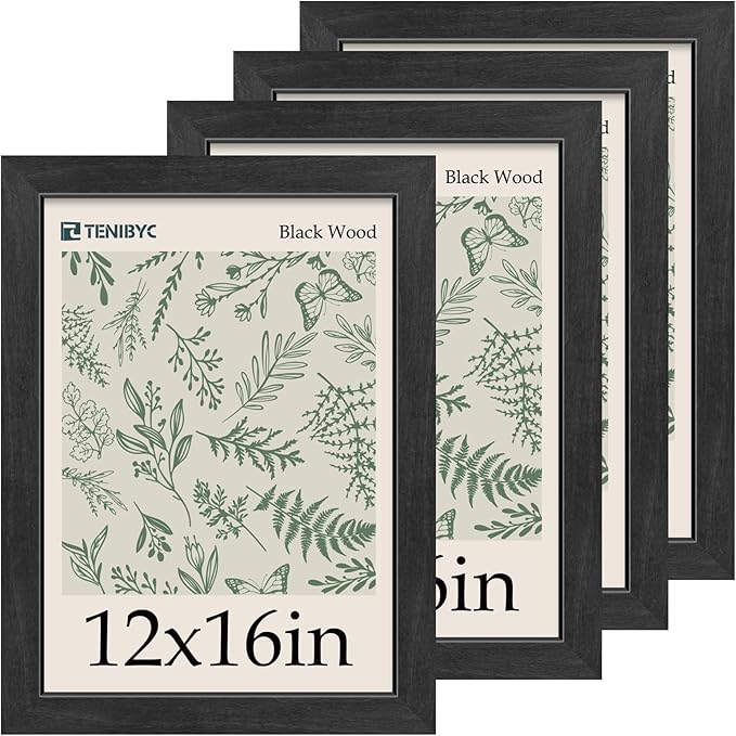 12x16 Frame Set of 4, Textured Black Wood Picture Frame, HD Tempered Glass, Wall Display