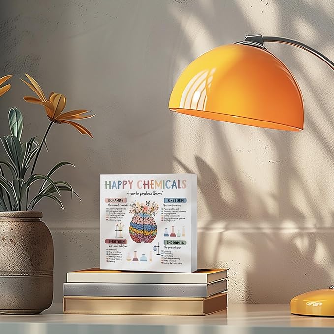 Mental Health Gifts Office Decor, Happy Chemicals Motivational Desk Sign, Counseling Office Must Haves, Positive Affirmations Decorative Accessories Inspirational Tabletop Decor, 5x5 Inch