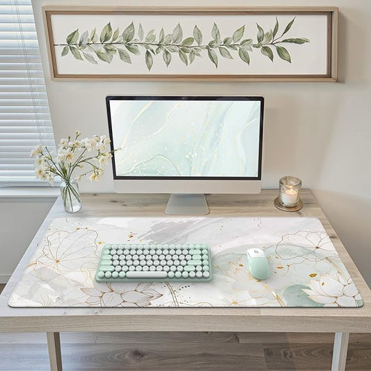 iCasso Desk Cover Mat, Extra Large Lotus Mouse Pad, Desk Pad Mat,Office Matt for Desktop Protector, Anti-Slip XXL Big Mousepad with Stitched Edges for Laptop Computer Keyboard(Green Lotus Leaf)