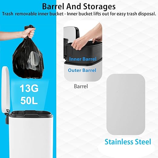 PayLessHere Stainless Steel Trash Can with Lid - Removable Inner Bucket, Foot Pedal Soft Close for Office, Home, Kitchen (White, 13 G)