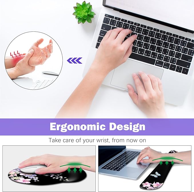 ARTSO Large Mouse Pad Ergonomic Keyboard Wrist Rest Support Combo, Psalm 46:5 God is Within Her, She Will not Fall -Bible Verse Flower Butterfly Extended Desk Mat Blotter