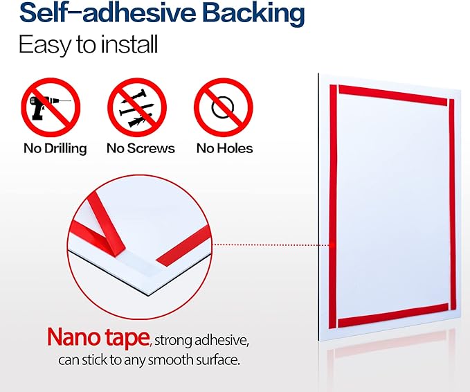 8.5" x 11" Acrylic Magnetic Sign Holder Wall Mount, Self Adhesive Magnetic Display Frame with Nano Tape and Strong Magnetic Border for Wall, Door, Glass, Home, Store, Office (Black, 10Pack)