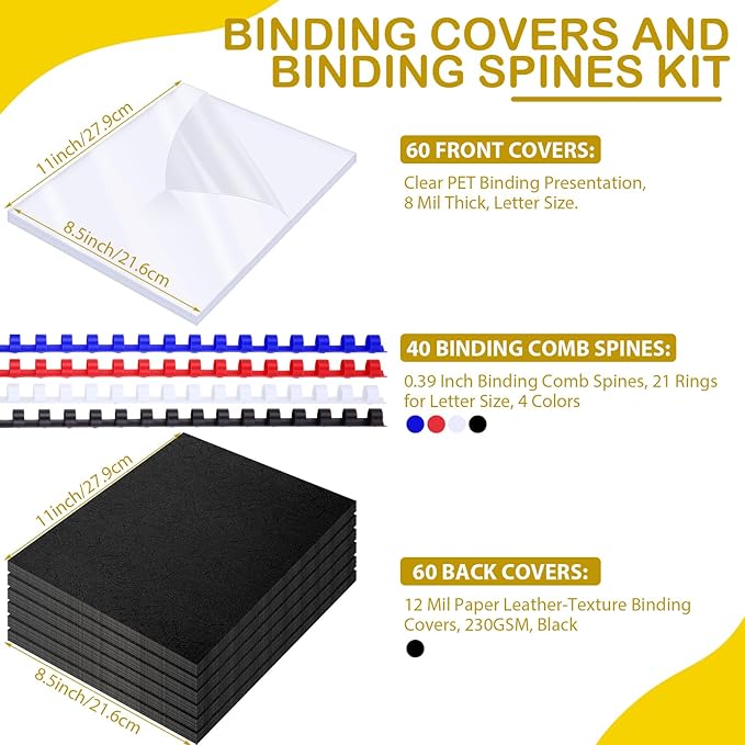 160 Pack Binding Covers and Combs kit 8.5x11 Inches Include 60 Pcs 12 mil Leather Texture Binding Cover 60 Pcs 8 mil Clear PET Presentation Covers 40 Pcs Binding Combs Letter Size(Multi Color)