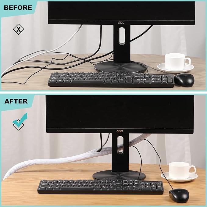 AGPTEK White Cable Sleeve Cover, 2 Pack 5ft - 1.2 inch Desk Cord Organizer Cable Hider, Home Office Wire Management Computer TV Wire Loom Tubing, Pet Proof Cord Protector, from Cat Dog Chewing, White