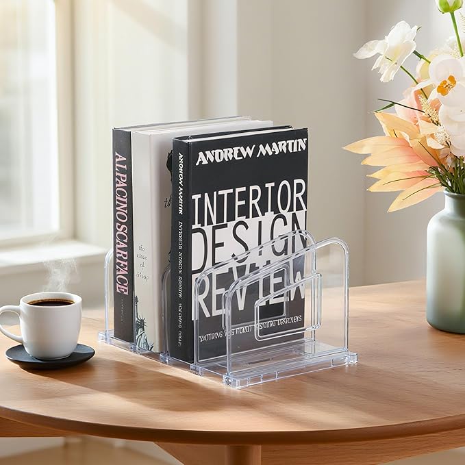 File Organizer, Acrylic File Folder Organizer File Sorter, Plastic Vertical Book Dividers for Magazine Mail Letter Paper, Desktop Organizers for Office, Classroom & Home(4 Sections, 2 Pack)