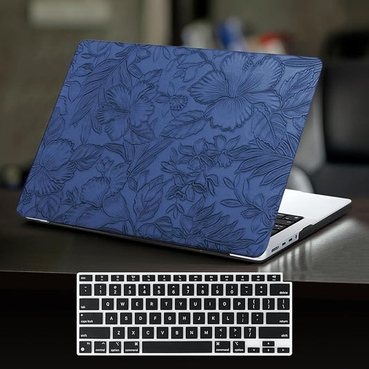 DTangLsm for MacBook Pro 13 inch Case 2024-2016 M2 M1 A2338 A2289 A2251 A2159 A1989 A1706 A1708, Elegant Retro Leather Hard Shell Cover for MacBook Pro 13 Case+Keyboard Cover, Blue Embossed Floral