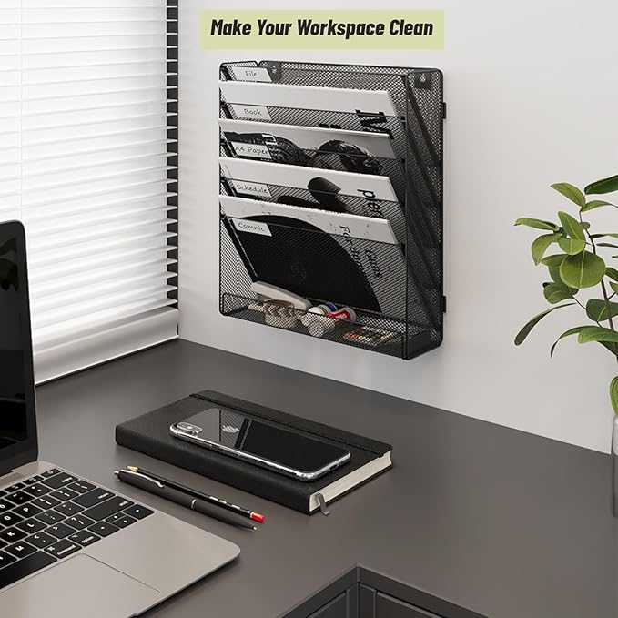 6 Tier Wall File Mounted Magazine Rack with Tray Mesh A4 Paper Organiser Mail Holder Storage, Black