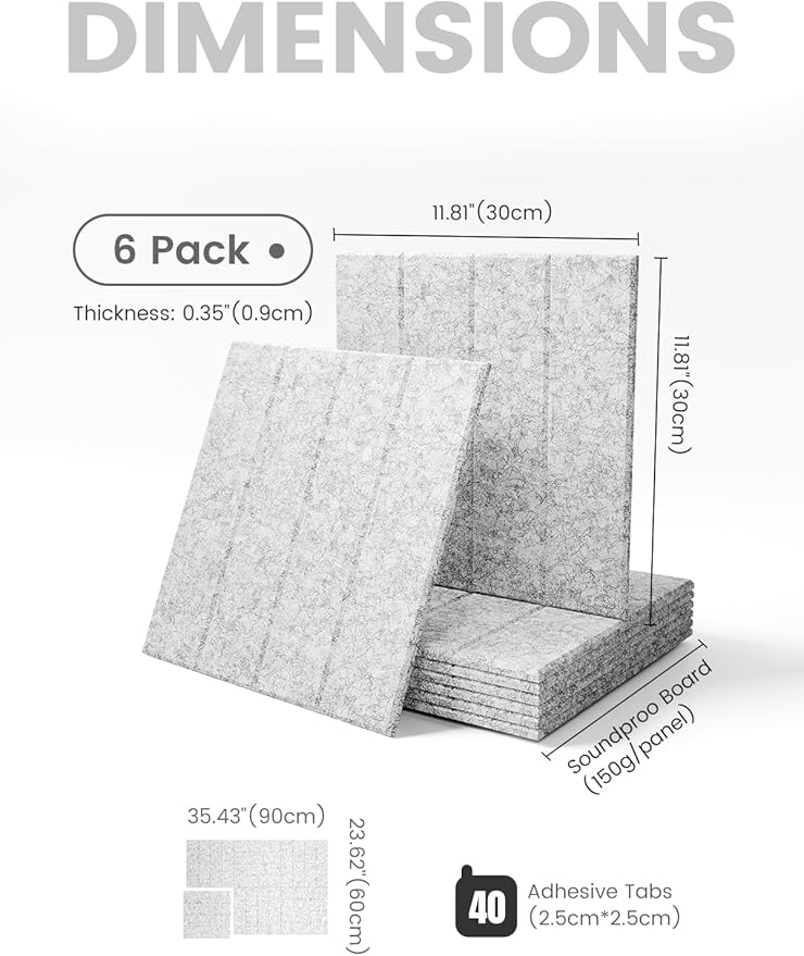 Felt Bulletin Board Tiles Large 36" x 24" Cork Board Alternative-6 Pack with 40 Adhesive Tabs, Thick Slat Wall Panels for Office Decor, Push Pin Board Wall Organizer Alternative-Marble Gray