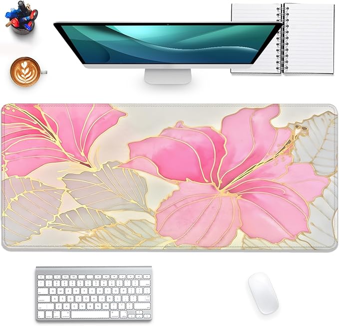 Abstract Floral Mouse Pad Desk Mat,Pink and Gold Extended Gaming Mouse Pad with Stitched Edges,Non-Slip Waterproof Rubber Base for Office,Computer,Keyboard,Laptop and Home Desk Pad(27.5X11.8 in)