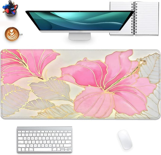 Abstract Floral Mouse Pad Desk Mat,Pink and Gold Extended Gaming Mouse Pad with Stitched Edges,Non-Slip Waterproof Rubber Base for Office,Computer,Keyboard,Laptop and Home Desk Pad(27.5X11.8 in)
