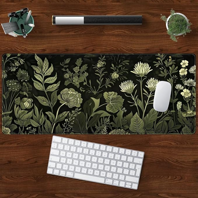 Sage Green Floral Black Plant Desk Pad Retro Aesthetics Mouse Pad Large Gaming Mouse Mat for Office Computer Keyboard Laptop Home with Stitched Edges,Non-Slip Base 31.5 X 11.8 in