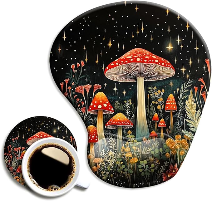 Ergonomic Mouse Pad with Wrist Support,Mouse Pad with Wrist Rest and Coaster Set,Office Supplies Non-Slip Mouse Pads for Desk, Non-Slip Comfortable,Mushroom Star
