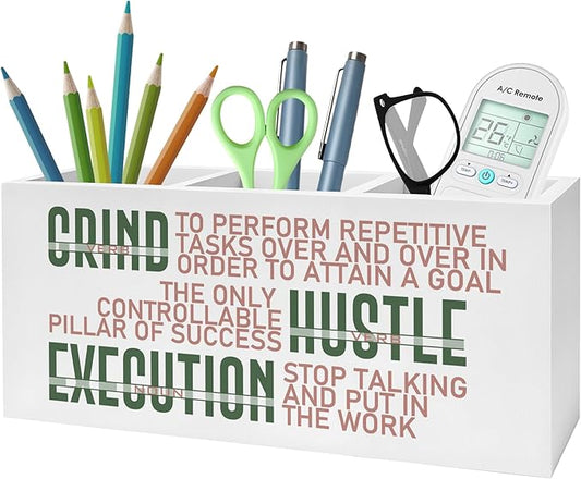 Motivational Office Pencil Pen Holder for Desk, Grind Hustle Execution Wooden Pencil Holder Organizer for Home Office Desk Accessories, Encouragement Gifts for Women