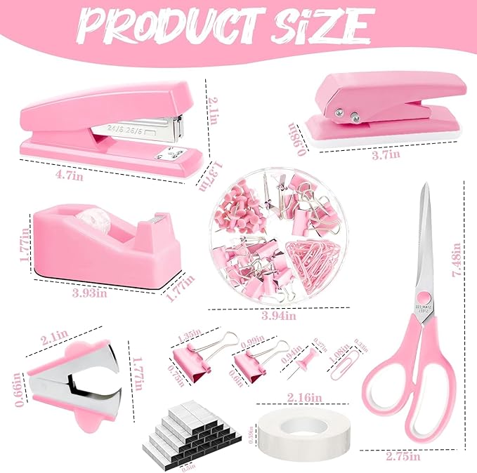 Pink Desk Accessories Set, 17Pcs Pink Office Supplies Kit Include Mesh Desk Organizer, Stapler, Tape Dispenser, Staple Remover, Pen Holder, Clips, Pens, Ruler, for Office Home School Women