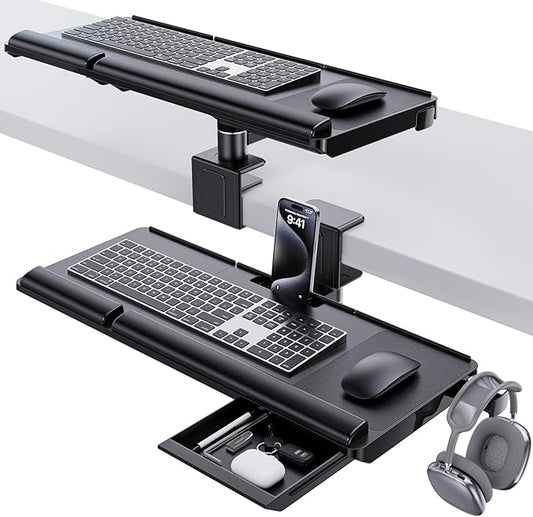 Klearlook Upgraded Adjustable Keyboard Tray for Above Desk & Under Desk Use - Ergonomic Sit-Stand Keyboard Riser with 360° Rotation, 24.4"×10" Keyboard Stand with Wrist Rest & Storage Drawer - Black