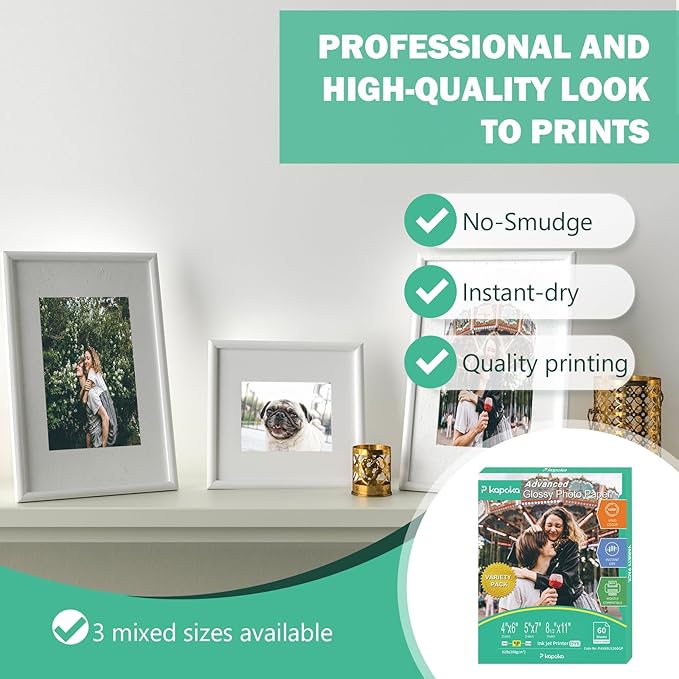 Glossy Photo Paper 4x6, 5x7, 8.5x11, 60 Variety Pack Bulk, Assorted Sizes, Inkjet printer, 52lb/200gsm