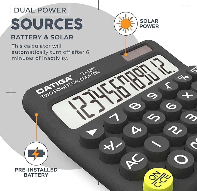 CATIGA Mechanical Switch Calculator with Solar and Battery Dual Power, 12-Digit Large LCD Display, Aesthetic and Cute Desktop Calculator with Big Button, for Home, School and Office Use, SD-1299