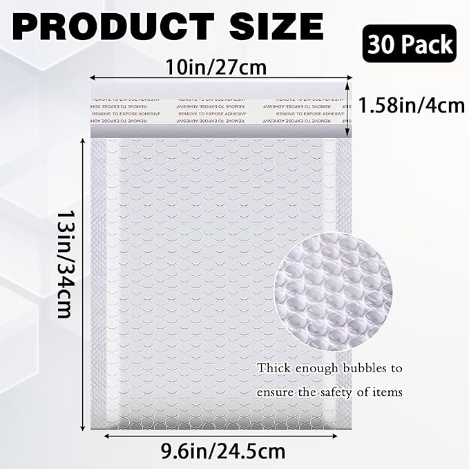 30 Pack 10x13 Inch Poly Bubble Mailers, Padded Envelopes with Self Seal Adhesive Strip, Waterproof Lightweight Mailing Shipping Bags for Thick Books Clothes Holiday Gifts Business Packaging