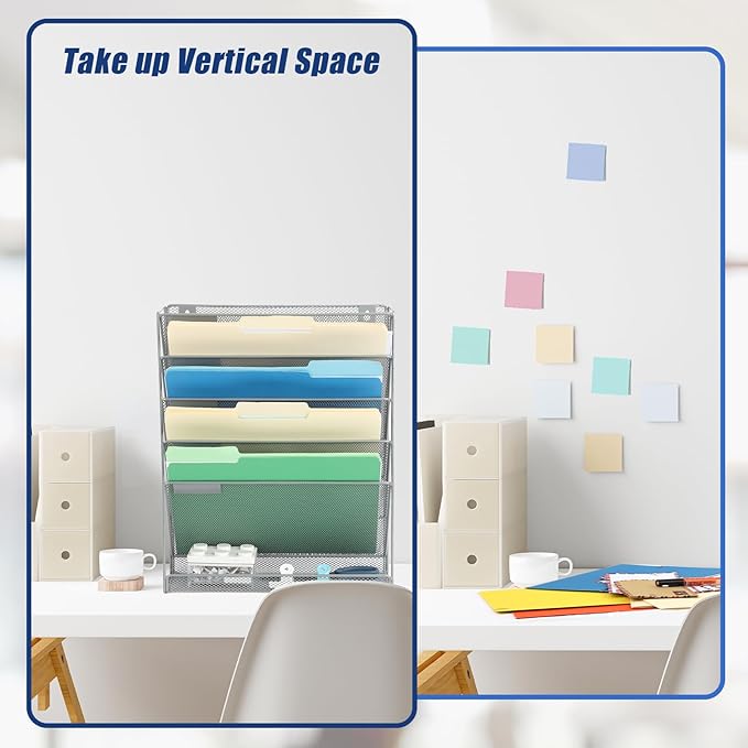 EASEPRES Desk File Organizer Mesh 6-Tier, Hanging Wall Mount Document Organization Stand, Desktop Vertical Mail Paper Folder Holder Rack with Bottom Tray for Office Home Cubicle Countertop, Gray