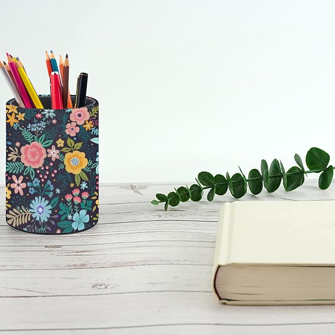 Flowers Floral Pen Holder Pencil Organizer Cute Pencil Cup Desk Decor Makeup Brush Holder PU Multifunctional Office Suppliesfor Home Classroom School