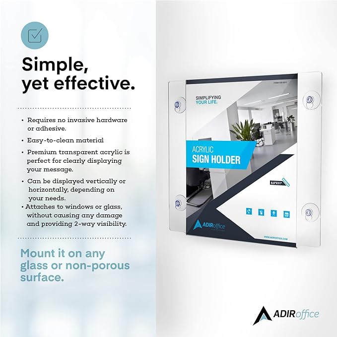 Adir Acrylic Sign Holder – Window Sign Holder with Suction Cups for Advertising and Promotion, Wall-Mount Display Frame, Clear Sign Holder Stand for Glass, Mall, Restaurants, Office - 2 Pack (8.5x5.5 Inch)