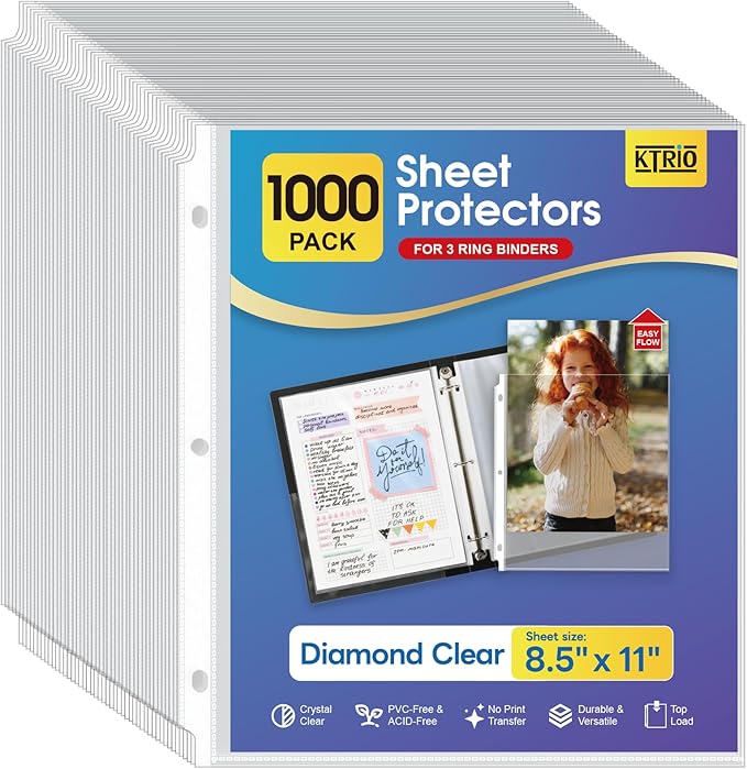 KTRIO 1000 Pack Sheet Protectors 8.5 x 11 inch, Clear Page Protector for 3 Ring Binder, Plastic Sleeves for Binders, Top Loading Paper Sheets Document Sleeve Letter Size, Office & Home