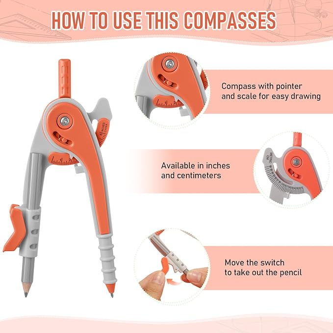 EBOOT Student Geometry Math Set, Drawing Compass and 6 Inch Clear Swing Arm Protractors 180 Degree Math Protractor(Watermelon Red)