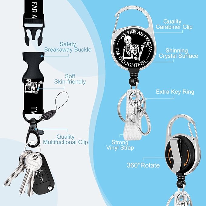 Funny Skeleton Badge Reel Retractable Heavy Duty with 360° Swivel Carabiner Clip, Sarcastic Xray ID Badge Holder with Breakaway Lanyard, ID Card Holder Keychain Name Badge Clip, Nurse Teacher Gifts
