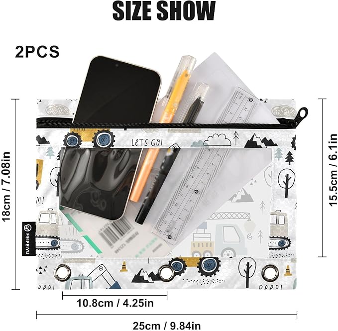 Cute Cars Truck Tractor Pencil Pouch for 3 Ring Binder, 2 Pack Waterproof Pencil Bags Clear Window Zipper School Office Supplies