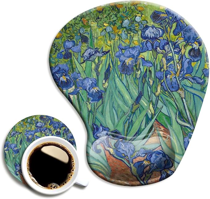 DOOKE Ergonomic Mouse Pad with Wrist Support and Coaster,Mouse Pads with Non-Slip PU Base for Home Office Working Studying Easy Typing & Pain Relief Van Gogh Irises