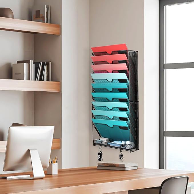 GALASALA Wall File Organizer, 10 Pockets Mesh Hanging File Organizer, Wall Mount File Holder With Hooks, Wall Organizer Magazine Rack for Office Supplies, Black