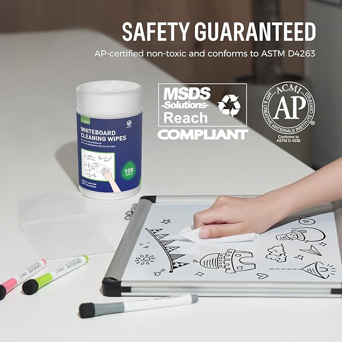 Loukin Whiteboard Cleaning Wipes, Dry Erase Board Cleaning Wipes, Non-toxic White board Wipes, 100 Wipes per Canister, 6 Pack