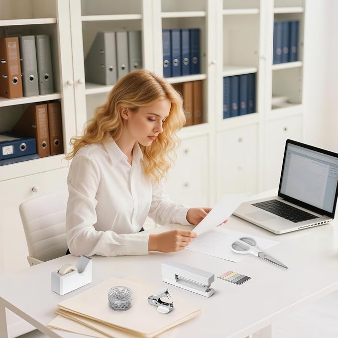 White Office Supplies, White Desk Office Supplies and Accessories, Stapler and Tape Dispenser Set for Women, Office Gift for Women, Office Lady, Coworkers, Office Clerks