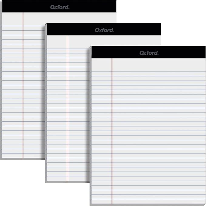 Oxford 8.5 x 11.75 Inch Legal Pads, 3 Pack, Wide Ruled on Both Sides, White Paper, 50 Perforated Sheets Per Writing Pad, Proudly Made in the USA (1017036)