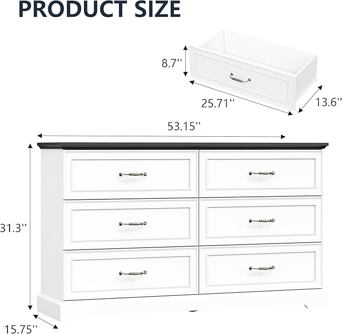 6 Drawer Dresser for Bedroom, 53" Wide Wooden Chest of Drawers, Rustic Farmhouse Dresser with Large Drawers & Metal Handles, Modern Storage Organizer for Closet, Living Room, Hallway, White