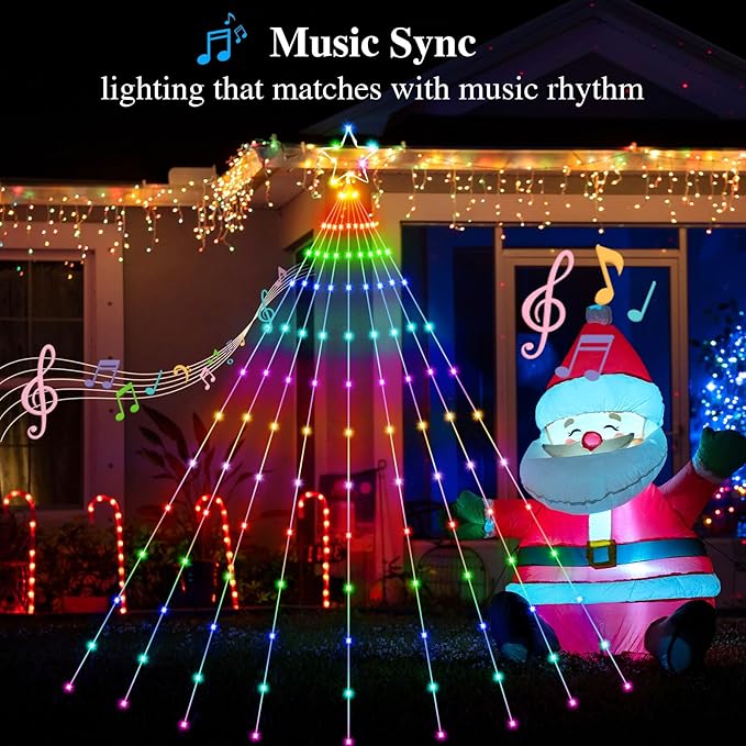 16.4 FT Christmas Decorations Outdoor Star String Lights,Smart APP Remote Control RGB Color Changing DIY 317 LED Waterfall Lights for Garden Yard Outdoor Xmas Decorations