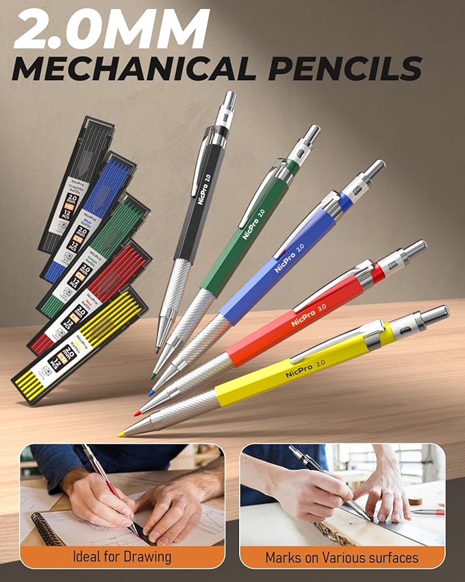 Nicpro 27 Pack Carpenter Pencils for Woodworking, Construction Mechanical Pencil with 100 Refill, Automatic Center Punch and Carbide Scribe Carpenter Tool, Construction Pencil for Carpenters Marking