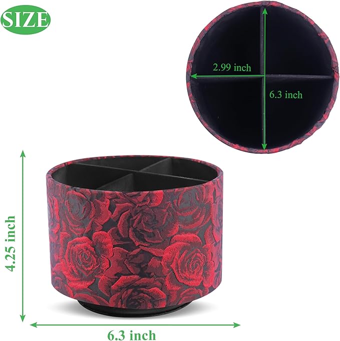 QIELIZI Round Leather Art Supply Organizer,Remote Control Holder,360 Degree Rotating,Multi-Functional Pencil Holder,4 Compartments Desktop Stationary Organizer(1-3D Rose Red)