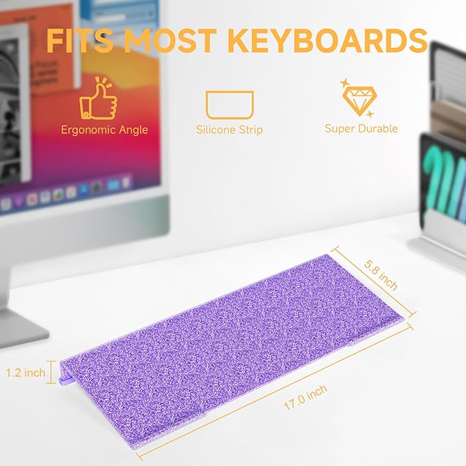 Ergonomic Computer Keyboard Stand - 17 Inch Glitter Purple Acrylic Keyboard Riser for Desk Tilted Keyboard Holder Tray with Non-Slip Strip for Home Office Easy Typing & Working