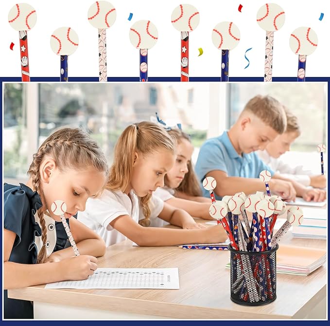 48 Pcs Baseball Pencils and Erasers for Birthday Gifts Baseball Favors Assortment Stationery Pencils for Students Office School Supplies Classroom Rewards.