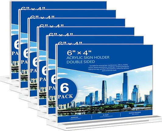 Acrylic Sign Holder 6x4 - 6 Pack Clear Tabletop Sign Holder Horizontal Plastic Picture Frames, Double Sided T Shape Display Stand Vendor Booth Display Items for Store,Restaurants,Hotels,Office