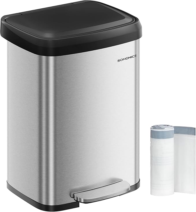 SONGMICS Kitchen Trash Can, 13 Gallon (50 L) Stainless Steel Garbage Can, with Stay-Open Lid and Step-on Pedal, Soft Closure, Tall, Large and Space-Saving, Silver and Black ULTB530E50