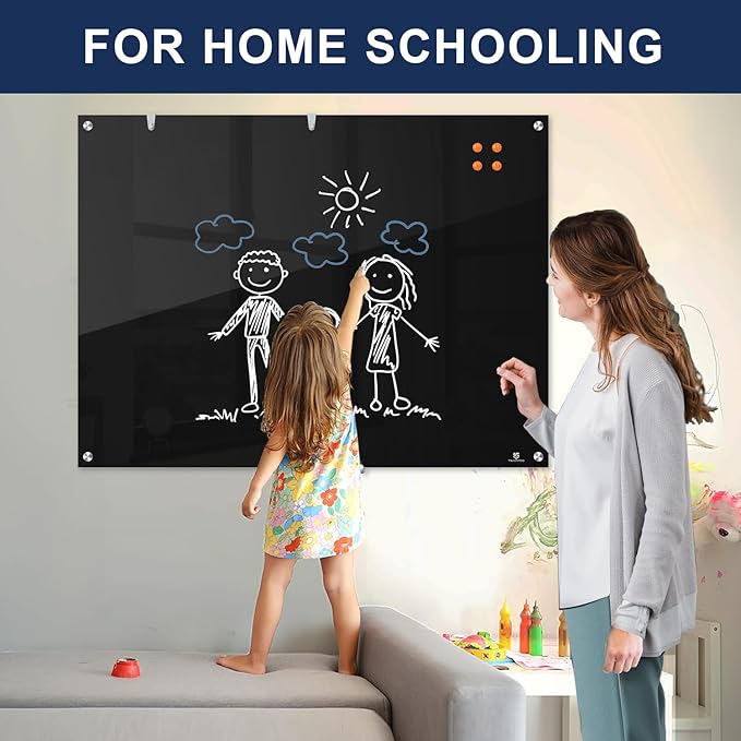 TSJ OFFICE Glass Dry-Erase Board - 48 x 30 Inches Wall Mounted Black Glass Magnetic Whiteboard, Large Frameless White Board for Office, Home & School