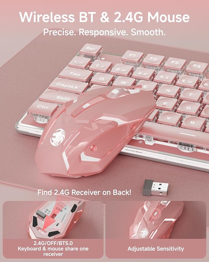 V3 Wireless Keyboard and Mouse with Single Backlit, Metal Panel, Bluetooth/2.4G Rechargeable Computer Keyboard and Mouse Combo Silent Lighted Full Size Cute Keyboards-Pink