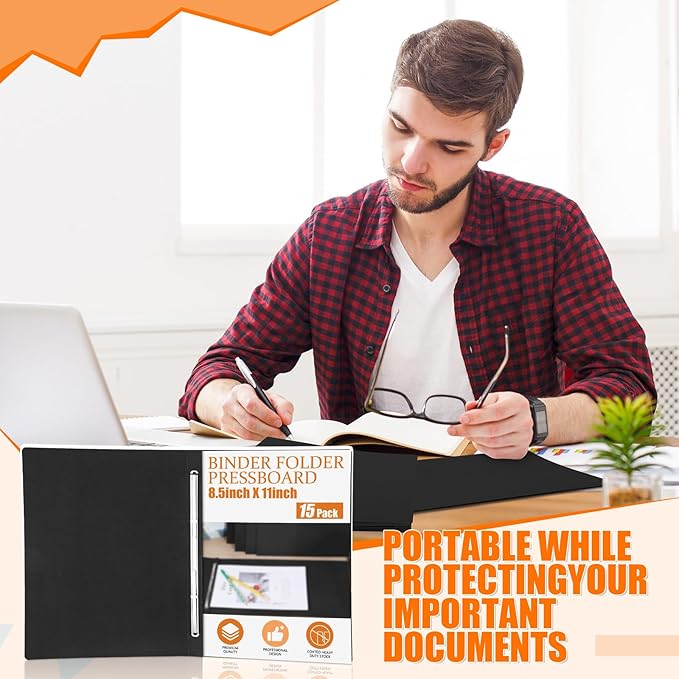 Zhanmai 15 Packs 8.5'' x 11'' Pressboard Report Covers, Metal Prong Fastener with Compressor, Letter Size 3'' Capacity Presentation Report Folder to Neatly Bind Reports, Proposals, Documents(Black)