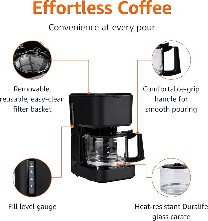 Amazon Basics 5 Cup Drip Coffee Maker, Coffee Machine with Glass Coffee Pot (0.8 Qt), Auto Shut-off, Auto Pause, Removable Filter Basket, Matte Black