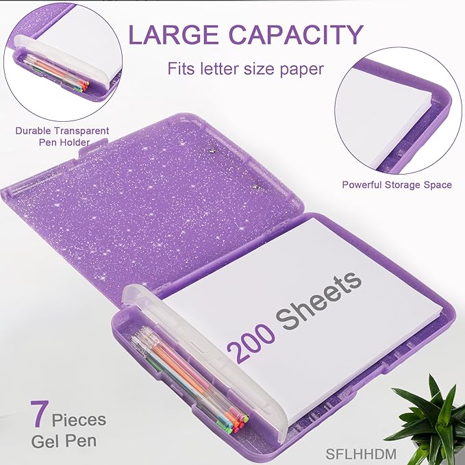 Glitter Clipboard with Storage,Storage Clipboard with Pen Holder,A4 Binder Clip Boards 8.5x11 with Low Profile Clip,Side Opening Sparkle Clipboards, Clipboards Folder for Office Supplies-Pale Purple