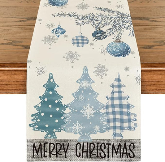 Artoid Mode Blue Pine Trees Merry Christmas Table Runner, Winter Xmas Holiday Kitchen Dining Table Decoration for Home Party Decor 13x120 Inch