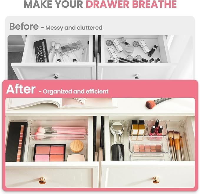 HOUSE DAY Makeup Drawer Organizer Trays 17 PCS, 4-Size Clear Drawer Organizers with Silicone Pads, Vanity Organizers and Storage, Non Slip Plastic Drawer Organizer for Desk, Bathroom, Kitchen, Office